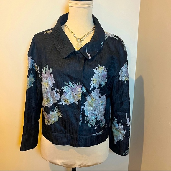 Dries Van Noten Black Floral Silk Blazer, size 40; design: lt blue,purple, gold - Picture 1 of 9